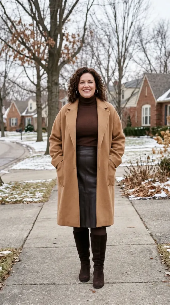 Plus size winter birthday outfit with turtleneck and faux leather skirt