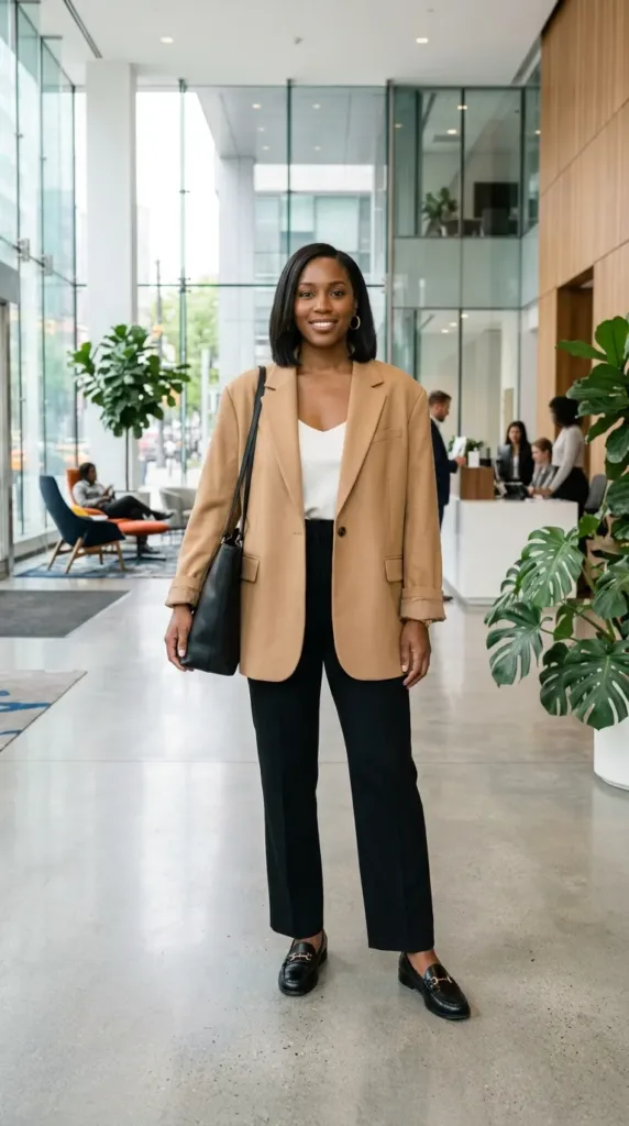 Plus size work to birthday dinner outfit with camel blazer