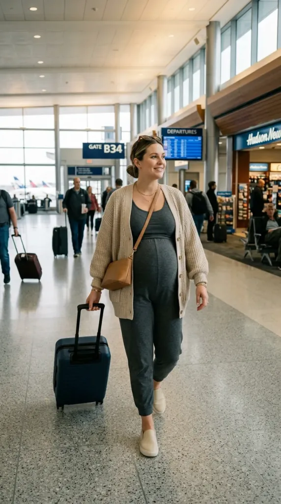 Comfortable maternity travel outfit for business trips