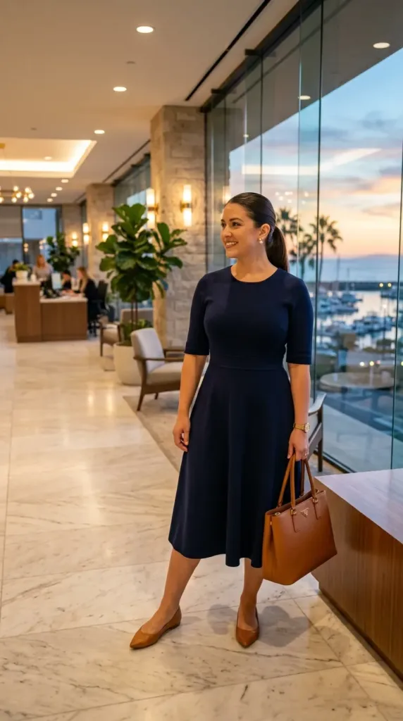 Plus size midi dress for work to beach wedding transition