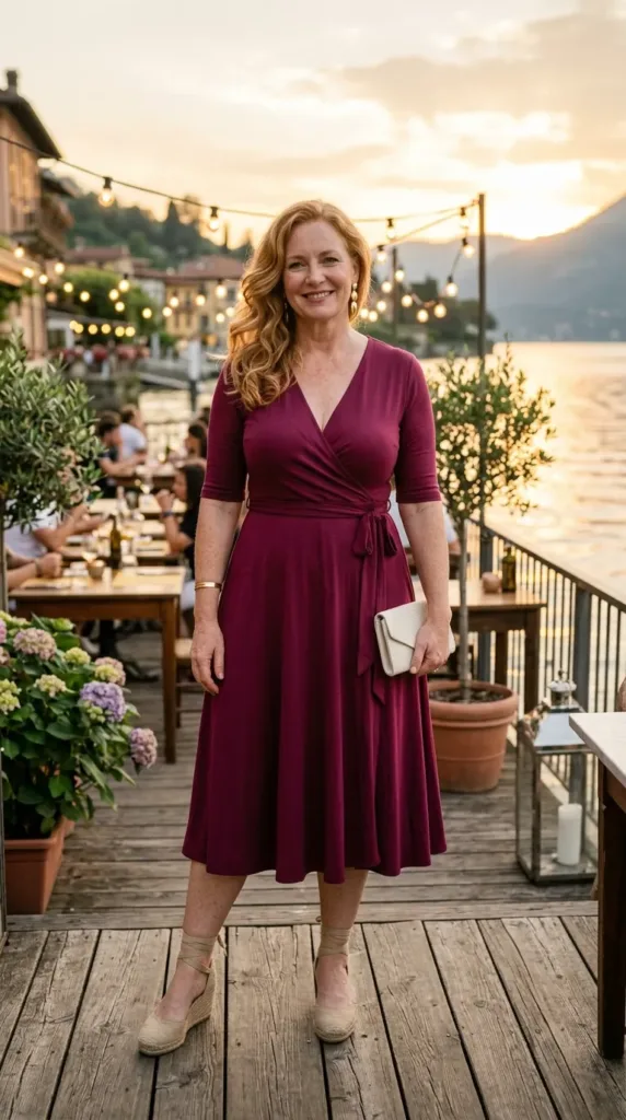 Woman in a berry wrap midi dress and espadrille wedges at a lakeside restaurant patio