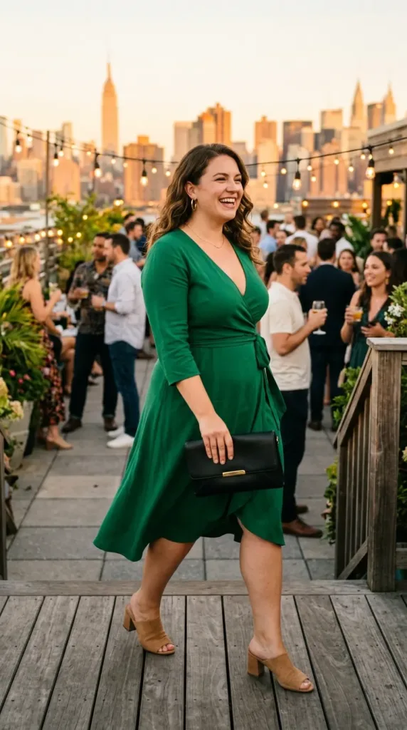 Emerald wrap dress office party outfit for curvy women with tan mules