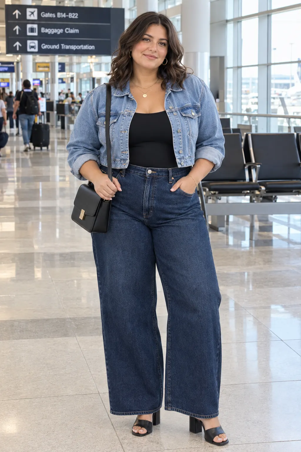 Plus size wide leg denim on denim travel outfit