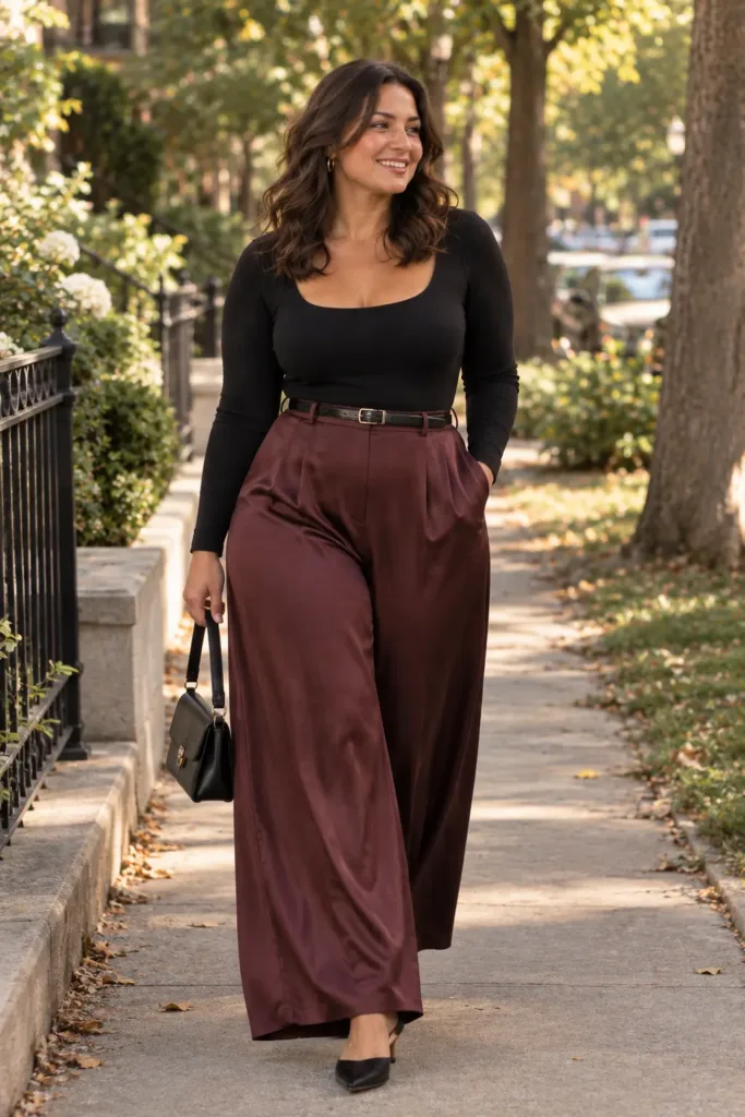 Curvy cocktail outfit burgundy wide-leg pants black bodysuit