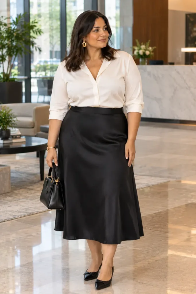 A-line skirt and blouse plus size cocktail outfit