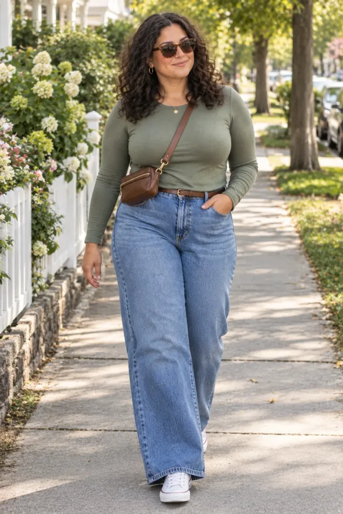Comfortable plus size wide-leg denim outfit to prevent thigh chafing