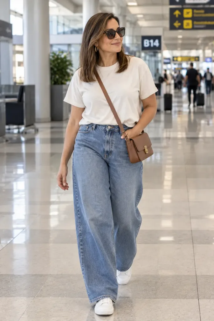 Comfortable plus size denim travel outfit with wide-leg jeans