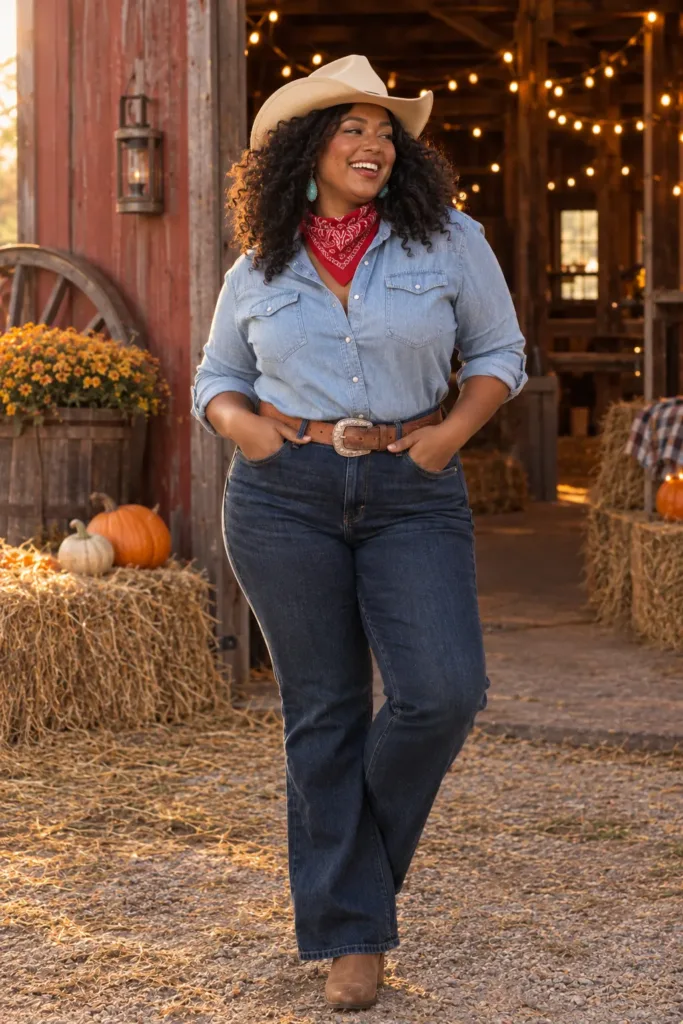 Midsize woman in a western shirt, bootcut jeans, and cowboy hat, a budget Halloween costume idea