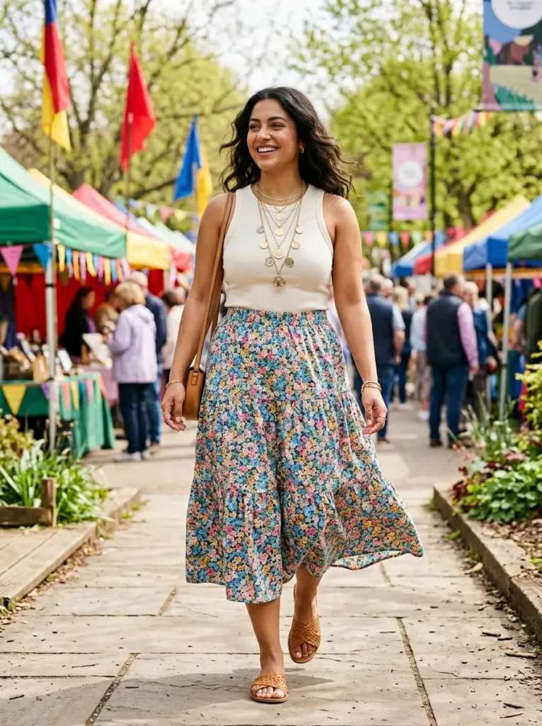 Plus size tiered midi skirt outfit for a comfortable boho festival look