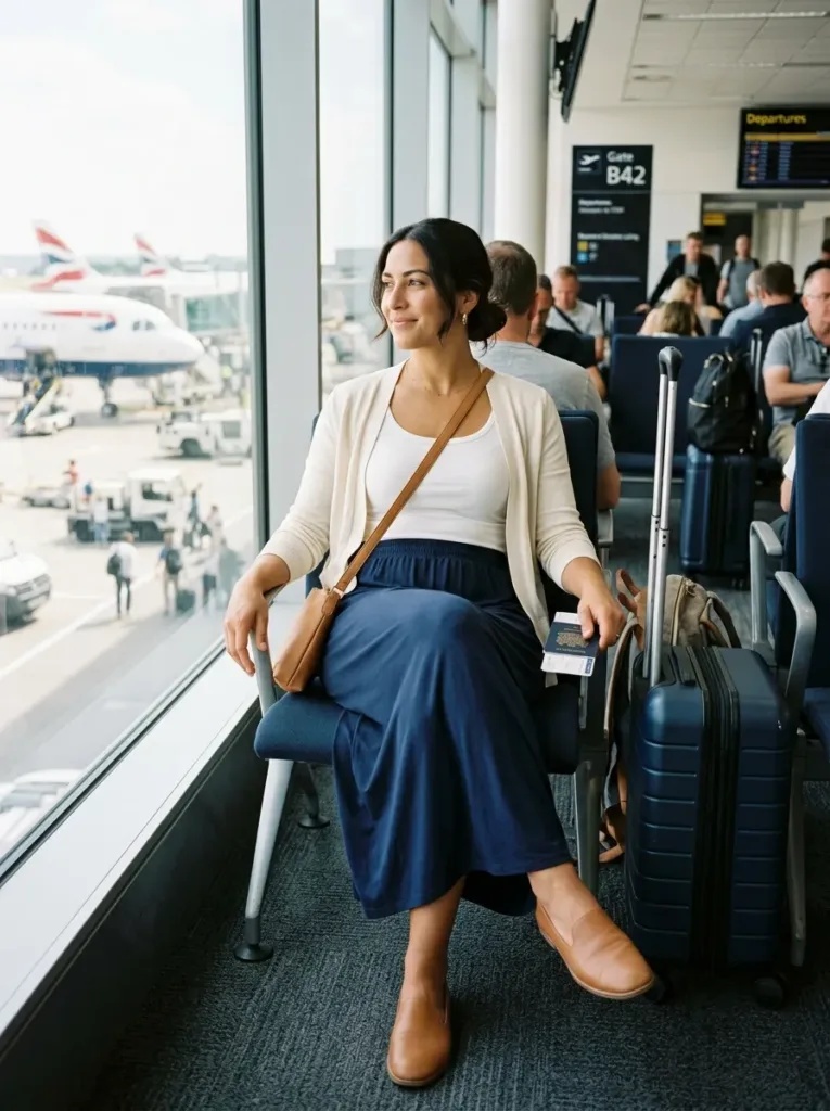 Plus size maxi skirt outfit with elastic waist for comfortable travel days