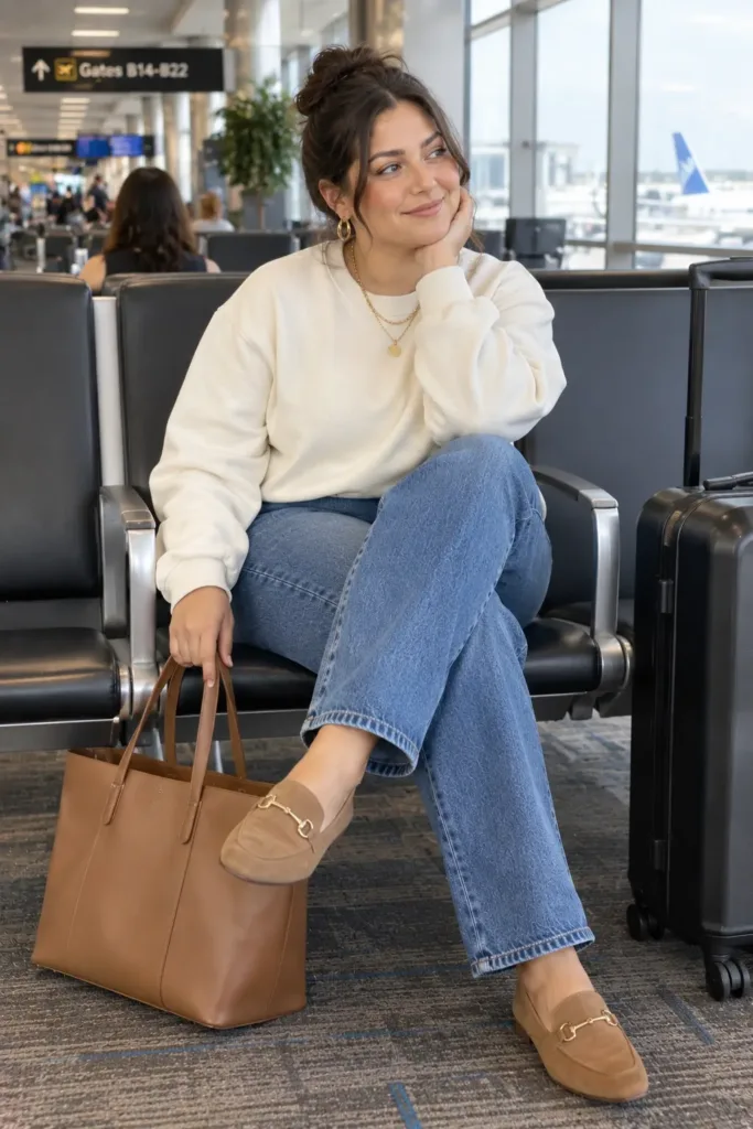 Comfortable plus size travel outfit with stretch straight-leg jeans