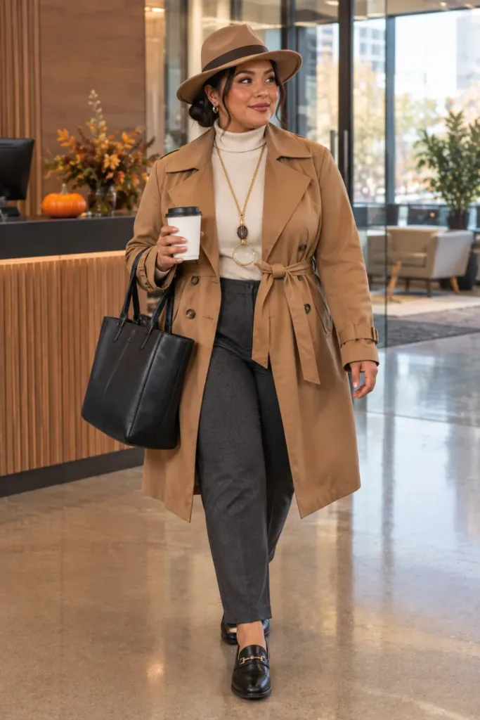 Curvy woman in a camel trench coat and fedora, a work-friendly detective Halloween costume
