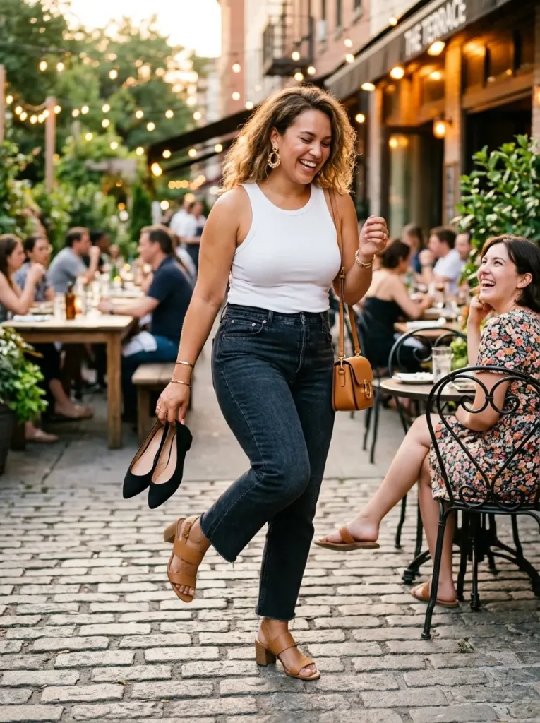 Plus size everyday outfit with a quick accessory swap for unexpected plans
