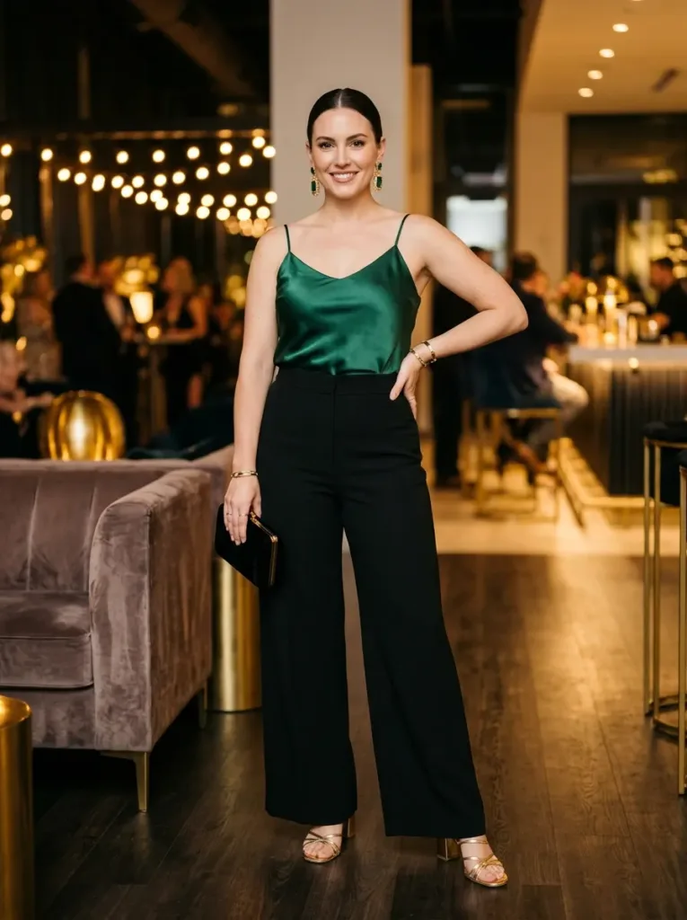 Plus size elevated concert outfit for VIP section with silky top and trousers