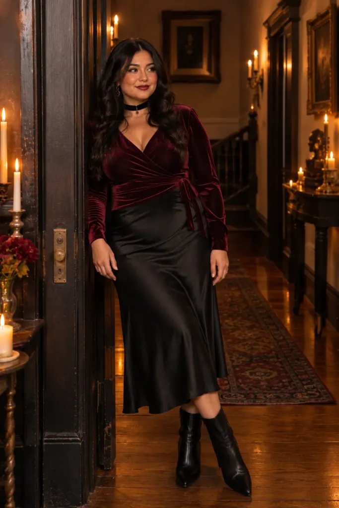 Petite curvy woman in a burgundy velvet top and satin skirt, a stylish vampire Halloween costume