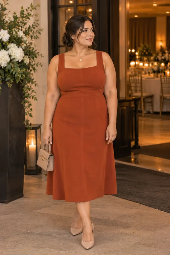 Plus size petite rust orange midi dress with vertical seam detail