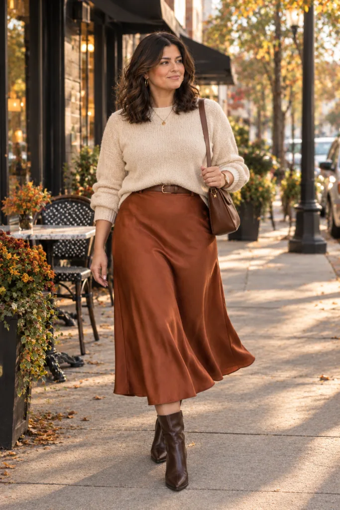 Warm Cream Sweater + Rust Midi Skirt