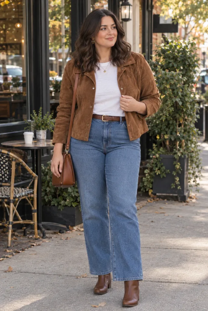 White Tee + Straight-Leg Jeans + Suede Jacket