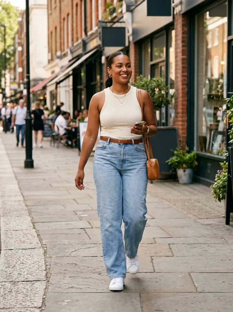 Plus size wide-leg jeans outfit with fitted tank for balanced summer proportions