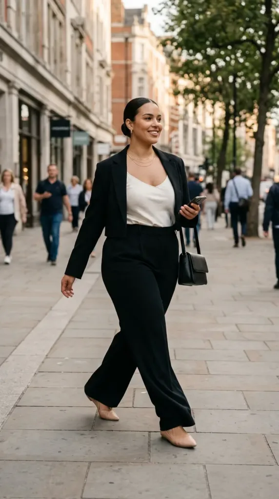 Wide-leg trousers office party look for curvy women with cropped blazer
