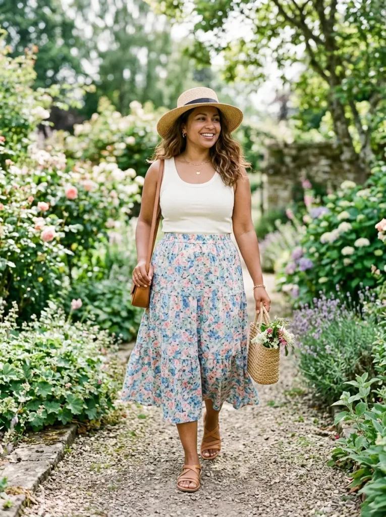 Plus size tiered midi skirt outfit designed to stay put on windy summer days