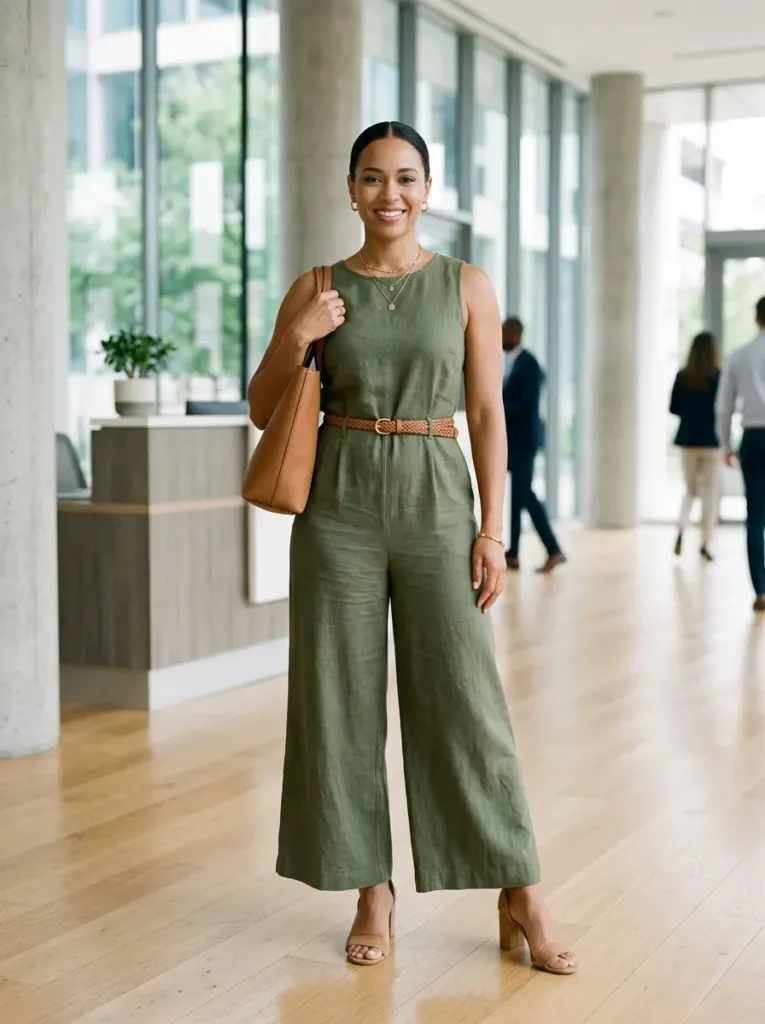 Plus size boho jumpsuit outfit styled for a professional work setting