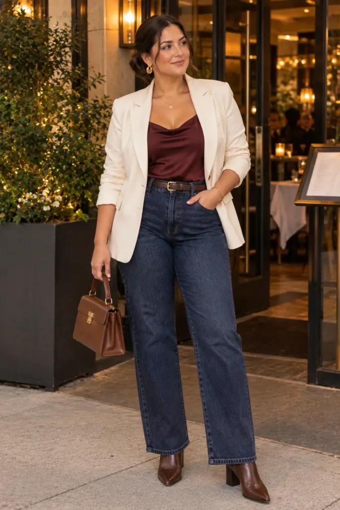 Plus size dark denim outfit for transitioning from work to dinner