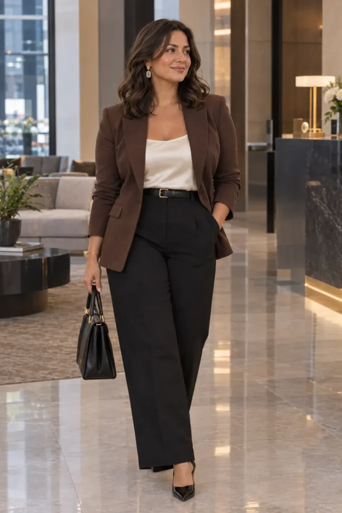 Classy cocktail work outfit plus size brown blazer cream top