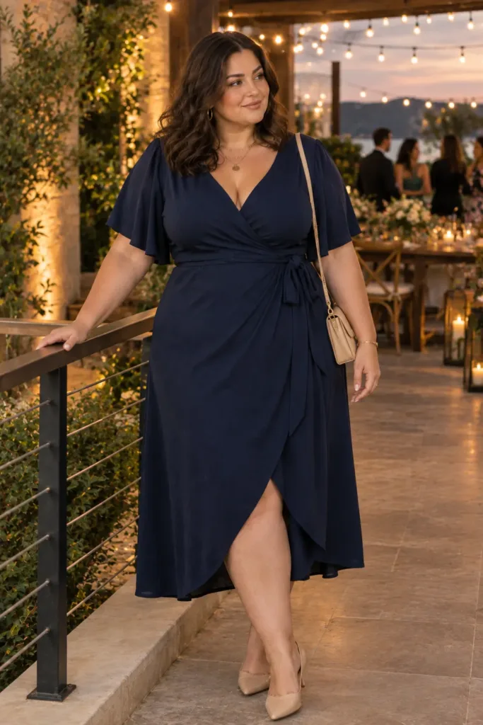 Adjustable plus size navy wrap dress for comfortable wedding guest look