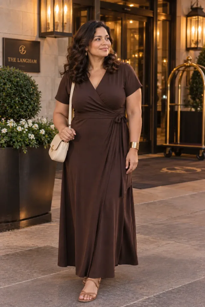 10 Plus Size Summer Travel Outfits You Can Pack Fast 6 Athletic-curvy woman in espresso wrap maxi dress, a comfortable summer dinner travel outfit