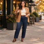 A confident curvy woman in her 30s stands in a sunlit autumn park, wearing a stylish fall outfit — an open chunky cardigan over a fitted turtleneck, high-rise straight-leg jeans, and ankle boots. She holds a coffee cup and looks relaxed and happy. Behind her, golden and orange leaves fall from trees. Warm, golden-hour lighting. Full-body shot, vertical 2:3 composition, fashion editorial style but realistic. No text, no watermark, no logos.