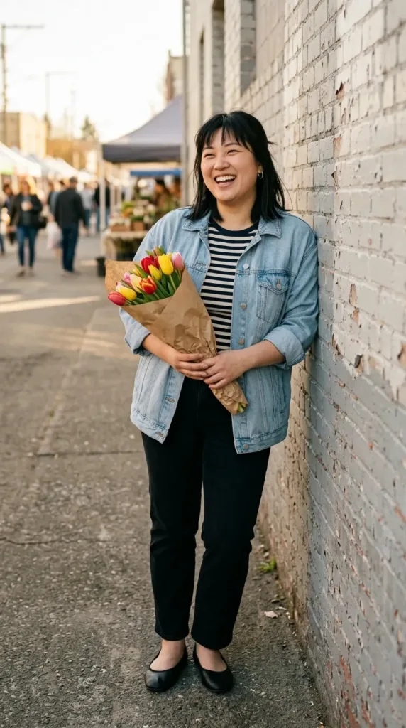 Black jeans outfit with a striped tee, light-wash denim jacket and flats at a weekend market