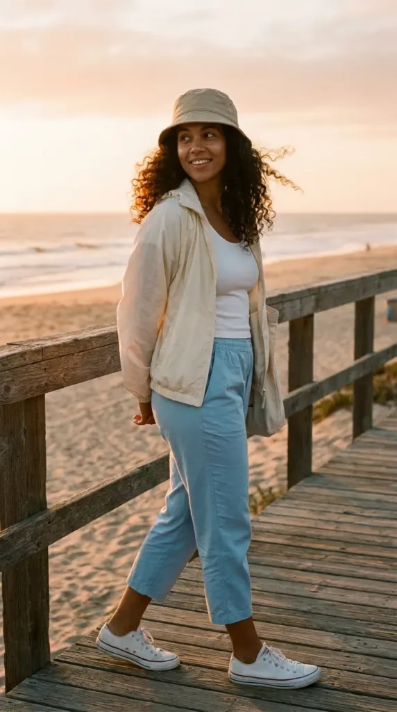 Woman in ice-blue cropped quick dry travel pants, white tank and windbreaker walking a seaside boardwalk