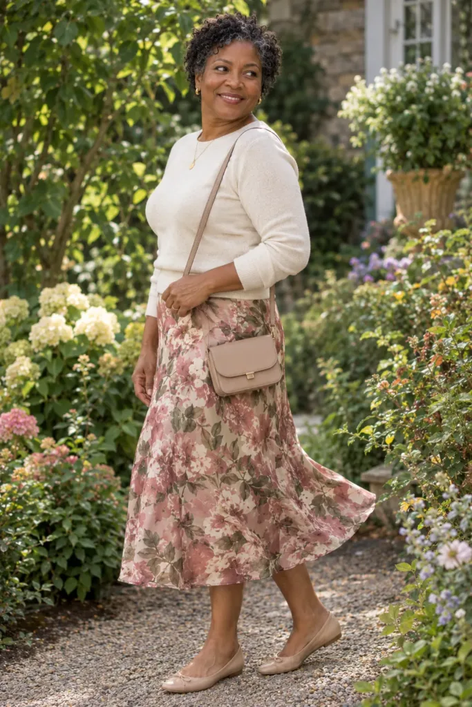 Woman over 50 in a floral midi skirt