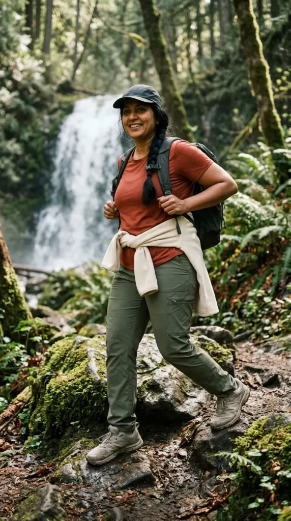 Woman in olive quick dry travel pants, rust tee and trail shoes hiking a forest trail with a backpack