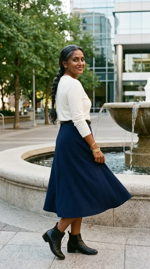 Navy A-line midi skirt with a cream merino sweater, a polished work outfit for women over 50