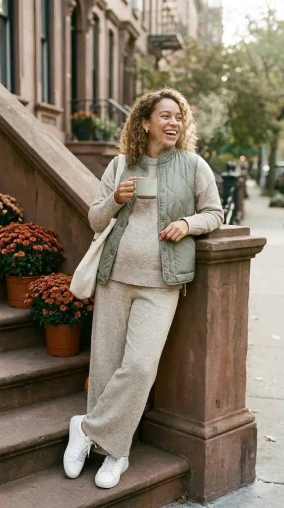 Pregnant woman in a matching oatmeal knit lounge set and sage vest, a comfy fall maternity outfit