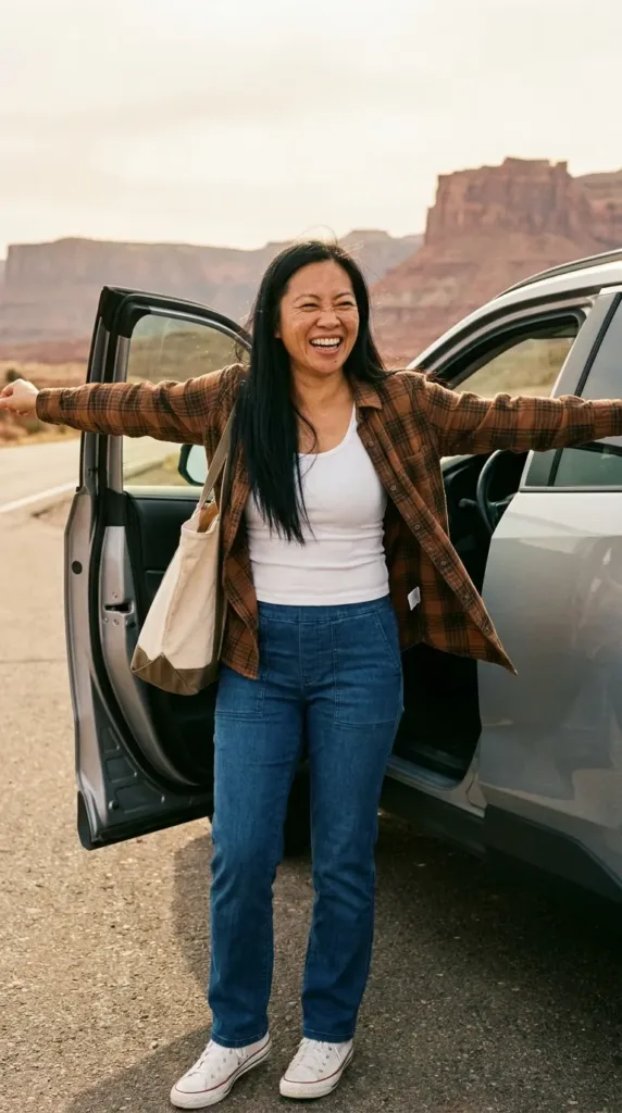 Woman in indigo denim-look quick dry travel pants with plaid overshot and sneakers on a road trip stop