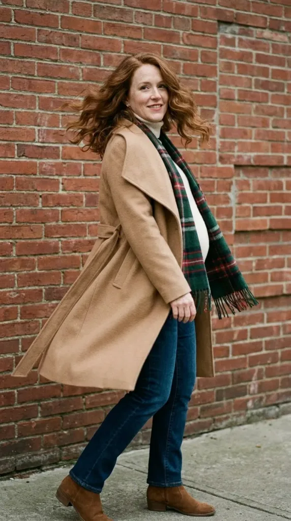 Mom-to-be in a camel wrap coat over a cream turtleneck, a cozy fall maternity outfit for cold days