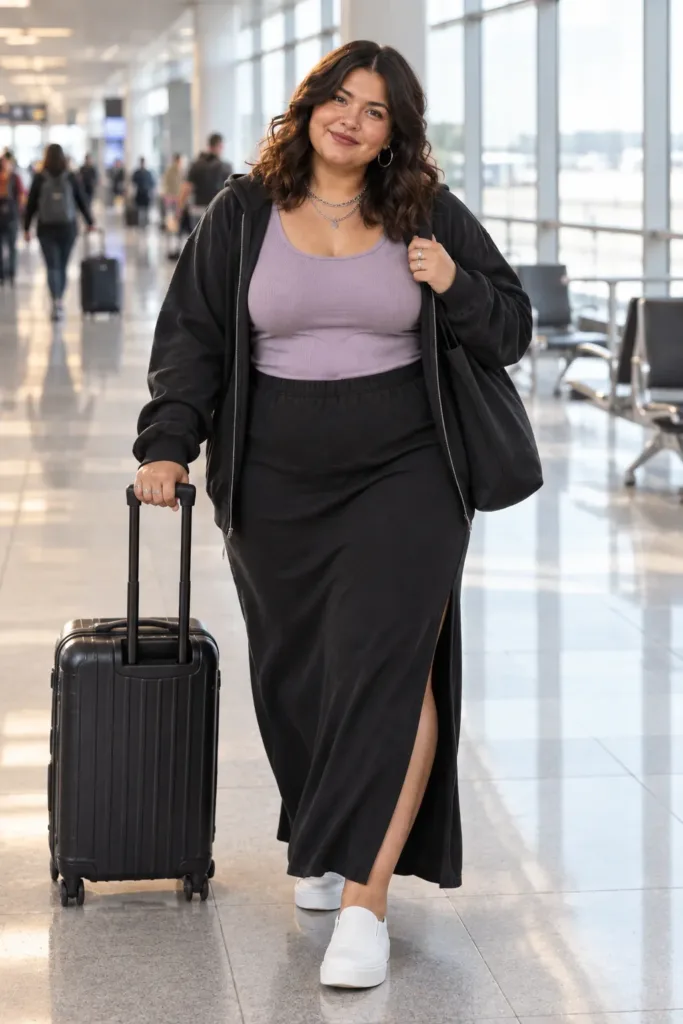 10 Plus Size Alt Summer Outfits for Curvy Women 8 Plus size woman in black maxi skirt and lilac tank, a comfy alt travel outfit