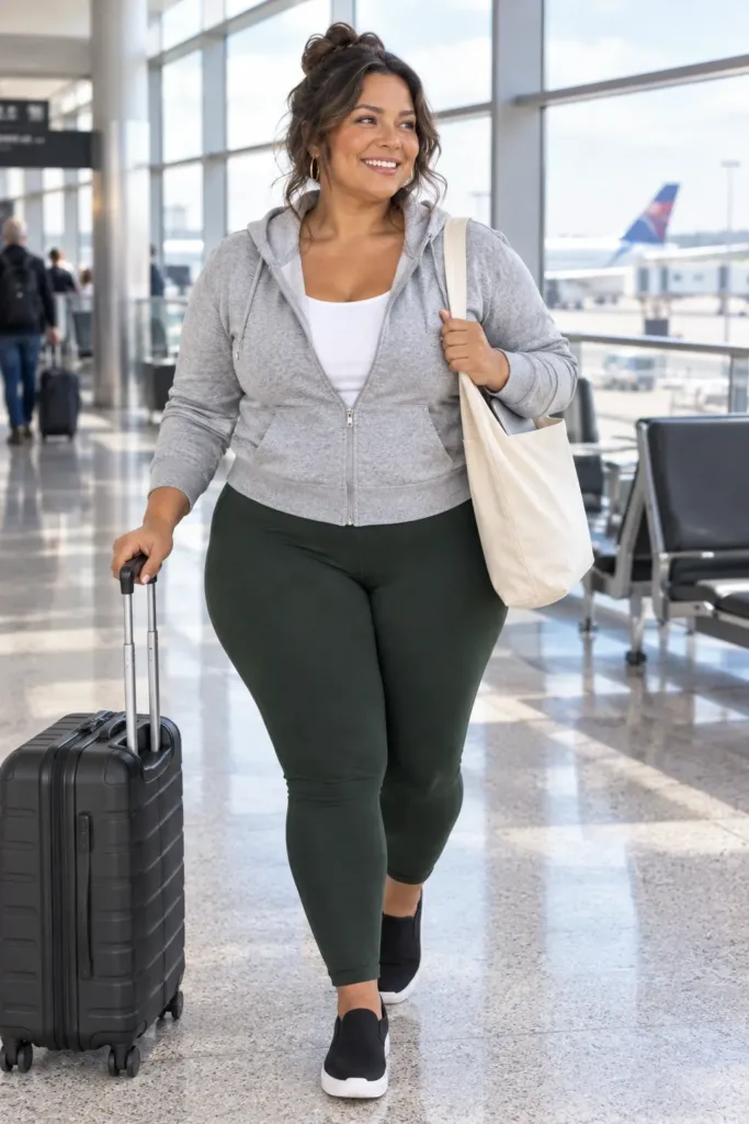 Plus size travel legging outfit with forest green leggings and a heather gray zip hoodie at the airport