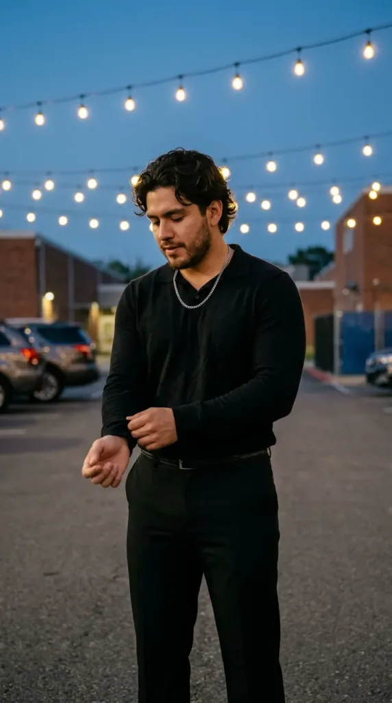 Man in all-black knit polo and Chelsea boots, a sleek hoco outfit for men