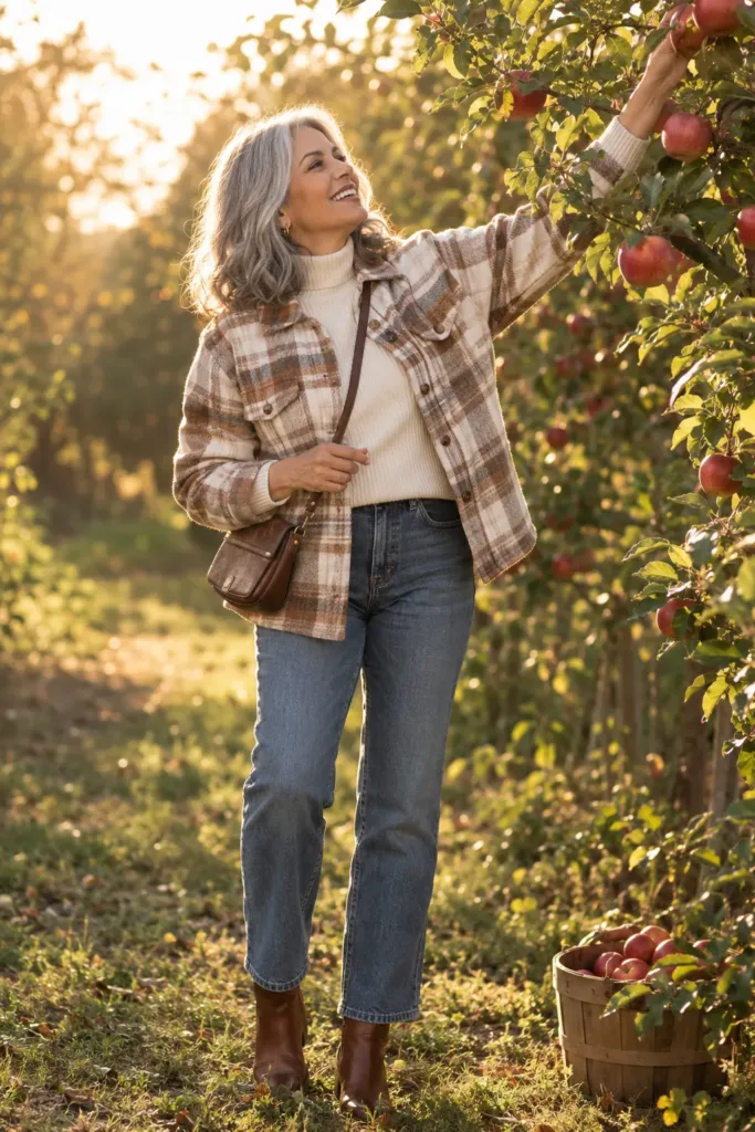 Woman over 50 wearing plaid shacket