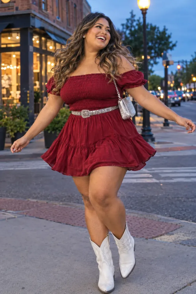 10 Stunning Plus Size Summer Nashville Outfits for Curvy Women 10 Plus size woman in a cherry red smocked mini dress and white cowboy boots in Nashville