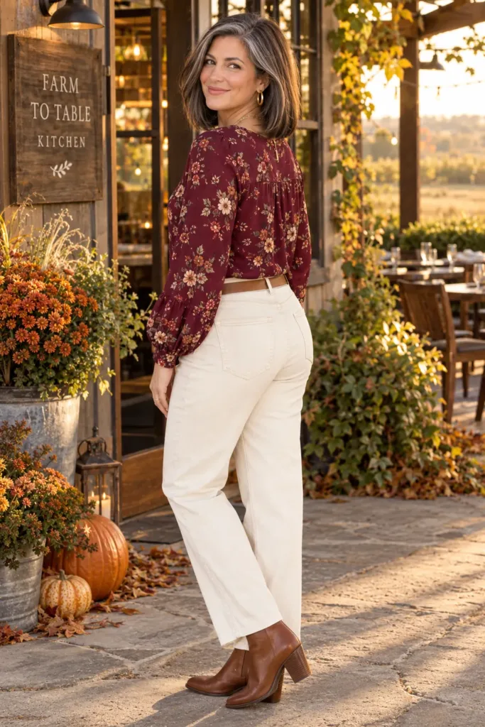 Burgundy floral blouse and cream jeans
