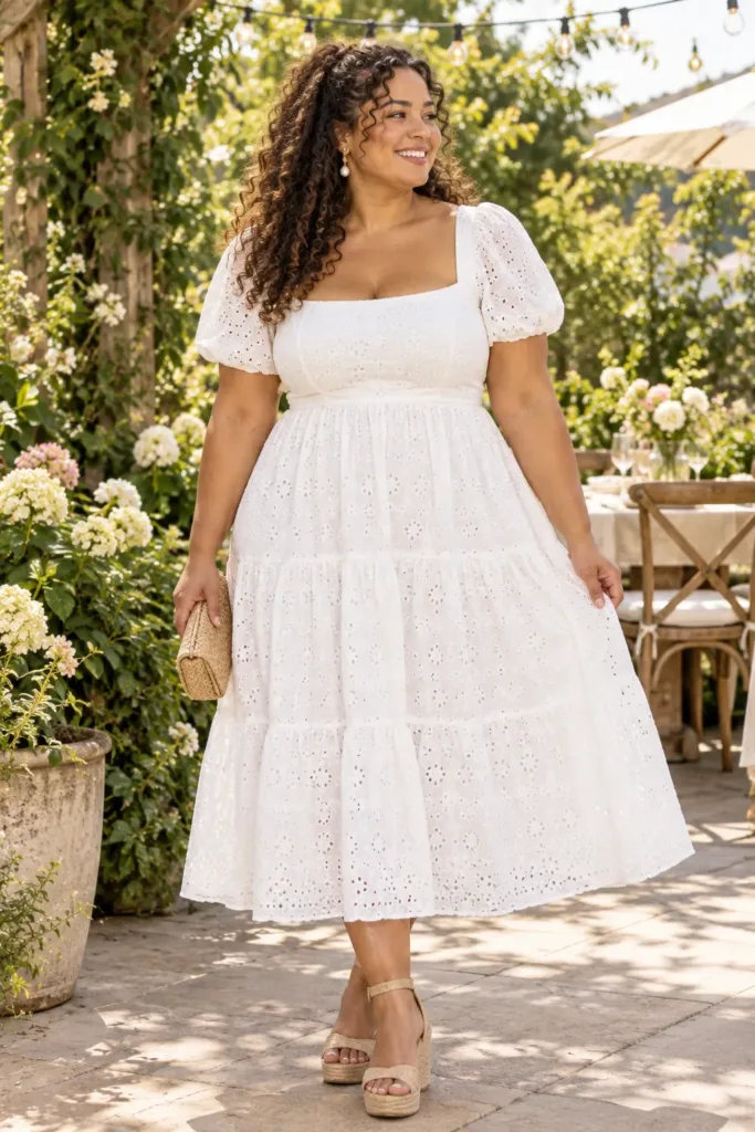 Curvy woman in a white eyelet square-neck sundress with espadrille wedges at a summer brunch