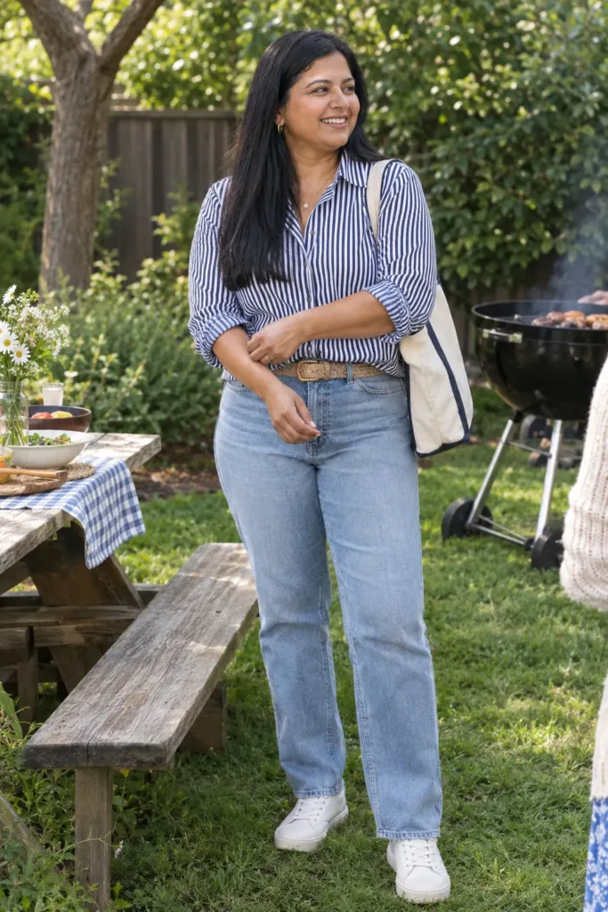 Plus size backyard BBQ outfit with a striped button-down, straight jeans and white sneakers