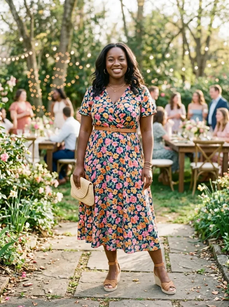 Plus size floral print Easter dress with balanced scale for curvy women