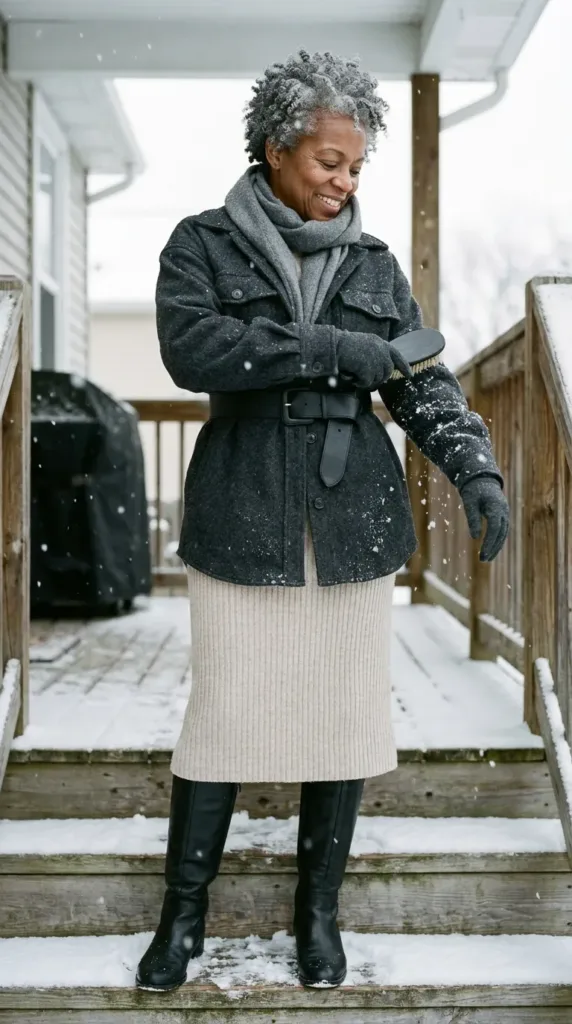 Woman in a belted charcoal oversized shacket over an oatmeal sweater dress with knee-high boots in winter