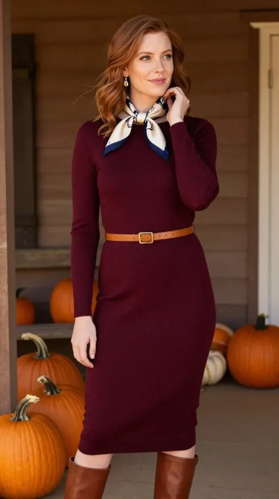Woman in burgundy knit midi dress, tall boots and silk scarf on a farmhouse porch in autumn